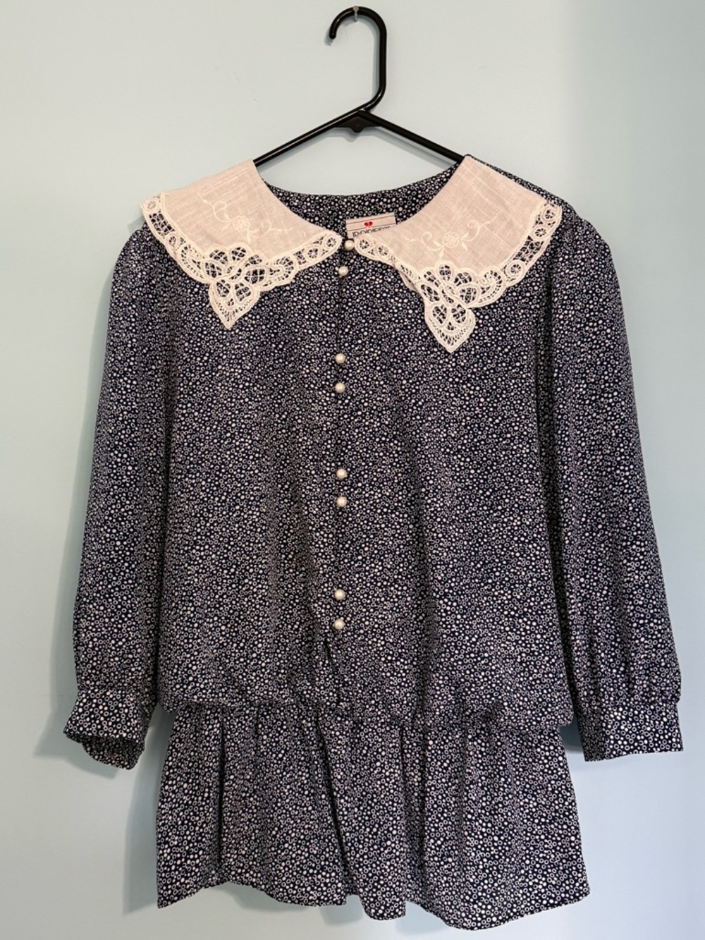 Robert Too! Vintage Navy Microdot Blouse with White Lace Peter Pan Collar 18W